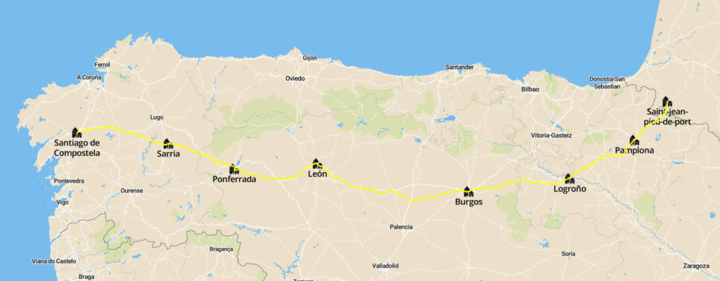 Map of the Camino Frances / The French way in the northern part of Spain